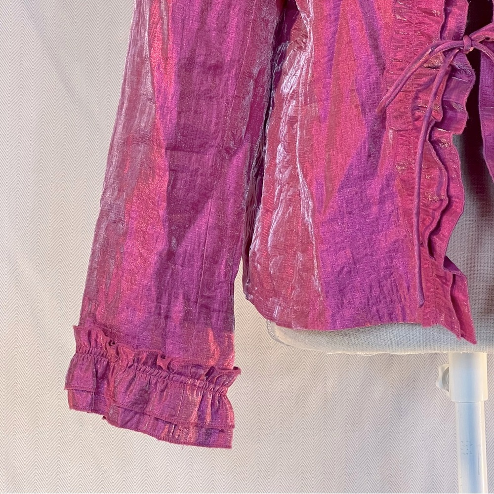 Rafael Jacket Pink Iridescent Open Front Small Tie Ruffle Front & Cuffs EUC 10 - Picture 2 of 8